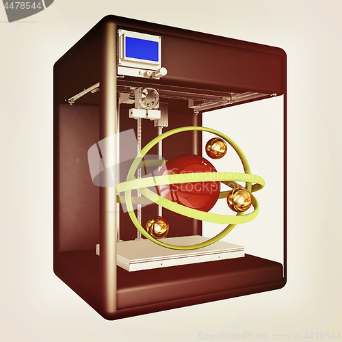 Image of 3d printer during work on the atom. Scientific high technology c