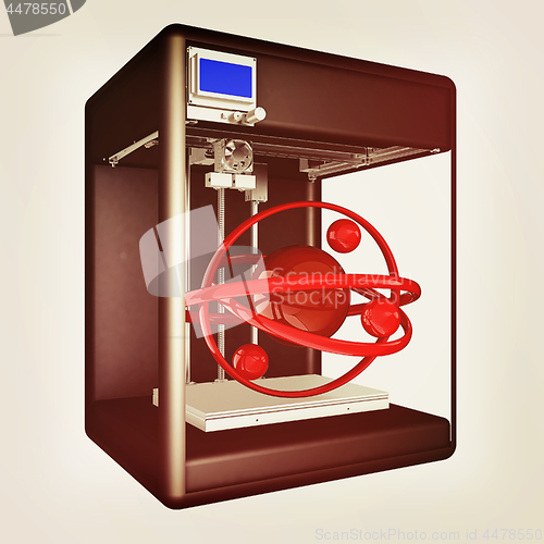 Image of 3d printer during work on the atom. Scientific high technology c