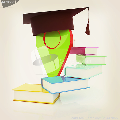 Image of Pointer of education in graduation hat with books around. 3d ill