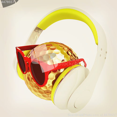 Image of Gold Golf Ball With Sunglasses and headphones. 3d illustration. 