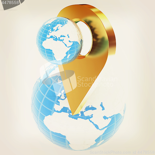 Image of Planet Earth and golden map pins icon on Earth. 3d illustration.