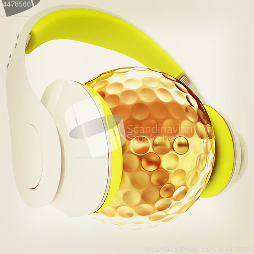 Image of Gold Golf Ball With headphones. 3d illustration. Vintage style