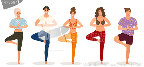 Image of Group of young people practicing yoga lesson, standing in Vrksasana exercise isolated on white background