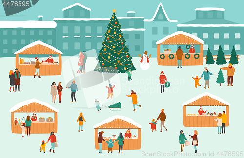 Image of Vector illustration of a Christmas market or holiday outdoor fair on town square