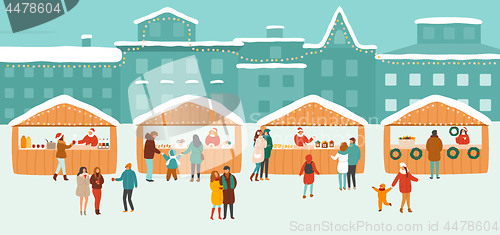 Image of Vector illustration of a Christmas market or holiday outdoor fair on town square