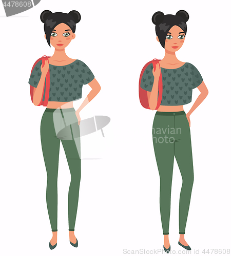 Image of Young pretty girl. Front, 3 4 view. Cartoon style, vector illustration.