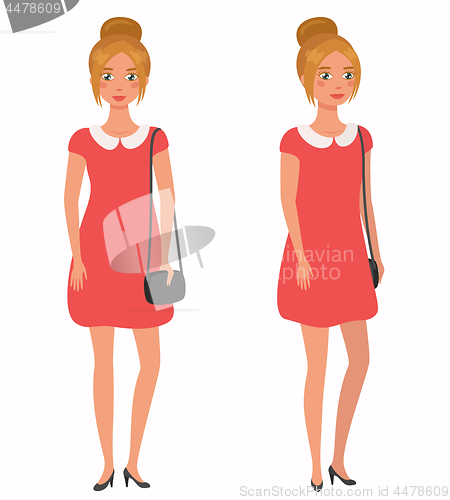 Image of Young pretty girl. Front, 3 4 view. Cartoon style, vector illustration.