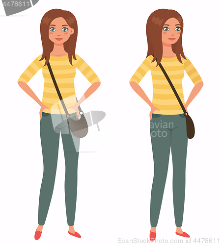 Image of Young pretty girl. Front, 3 4 view. Cartoon style, vector illustration.