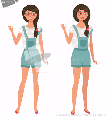 Image of Young pretty girl. Front, 3 4 view. Cartoon style, vector illustration.