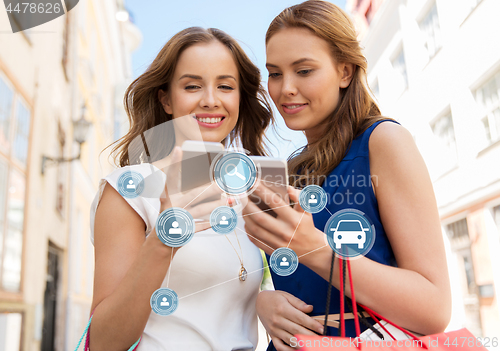 Image of women shopping and using car sharing on smartphone