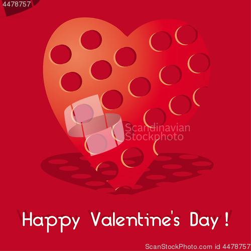 Image of Valentine card with red heart with holes on red background