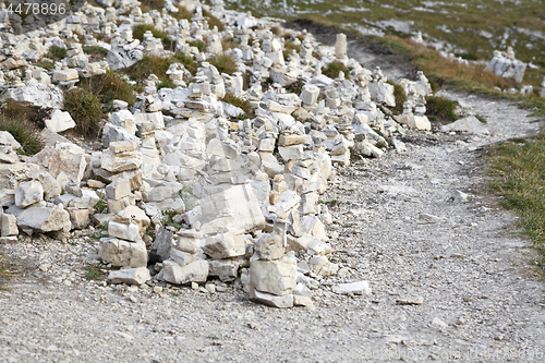 Image of Manmade stone pyramides in Dolomite Alps