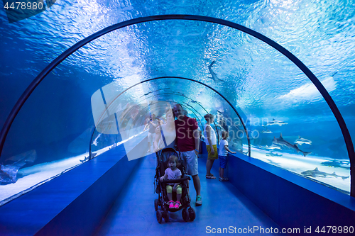 Image of happy family  in the underwater aquarium