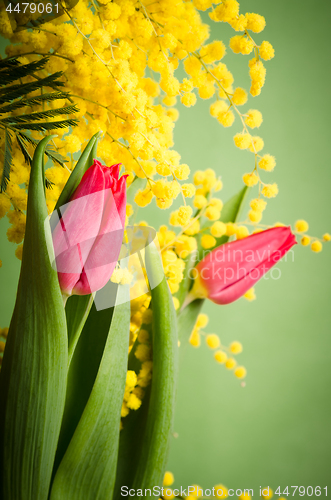 Image of Spring bouquet with mimosa and tulips