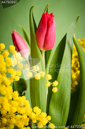 Image of Spring bouquet with mimosa and tulips