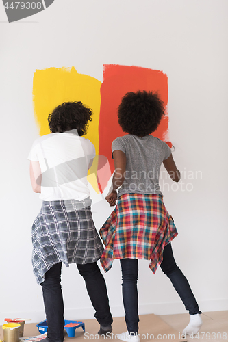 Image of multiethnic couple painting interior wall