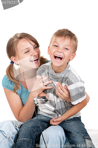 Image of Mom and son playing with Joystick