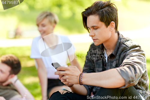 Image of man using smartphone at picnic with friends