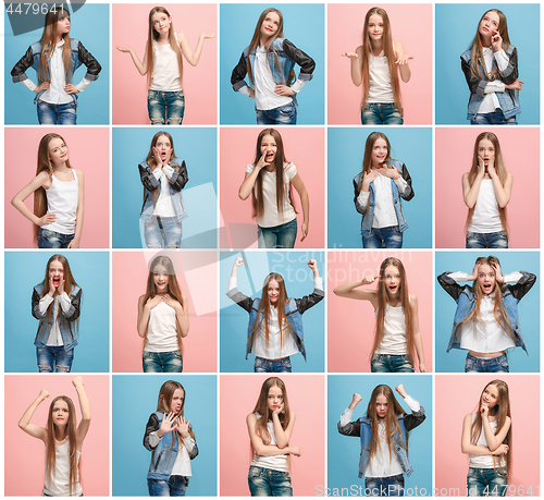 Image of The collage of different human facial expressions, emotions and feelings of young teen girl.