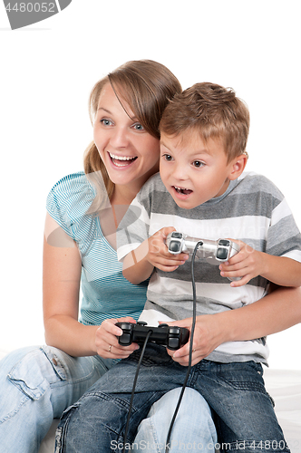 Image of Mom and son playing with Joystick