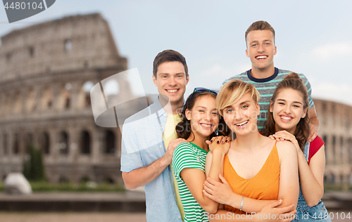 Image of happy friends over coliseum background