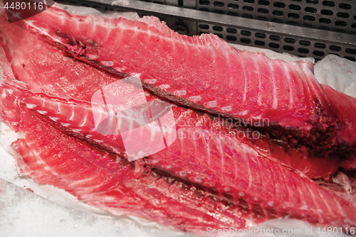 Image of fresh tuna fish or seafood on ice at makret stall