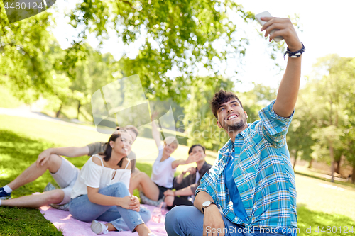 Image of friends taking selfie by smartphone at picnic