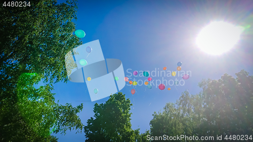 Image of Colorful party balloons on a blue sky background