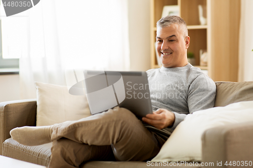 Image of man with laptop computer sitting on sofa at home