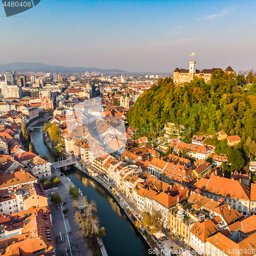 Image of Cityscape of Ljubljana, capital of Slovenia in warm afternoon sun.