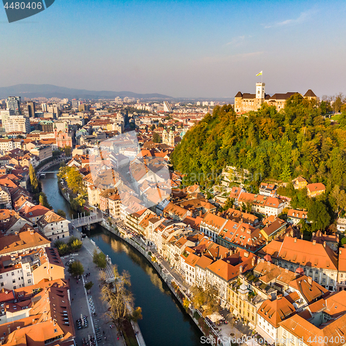 Image of Cityscape of Ljubljana, capital of Slovenia in warm afternoon sun.