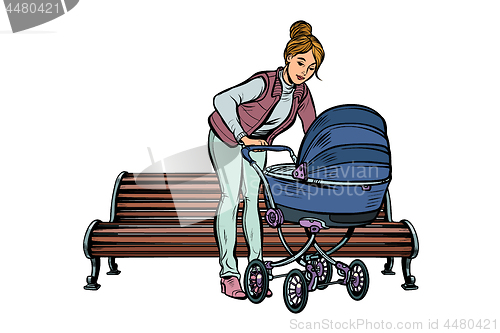 Image of young mother with a baby carriage, park bench