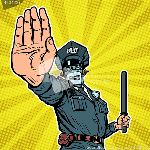 Image of Stop hand gesture. Robot policeman