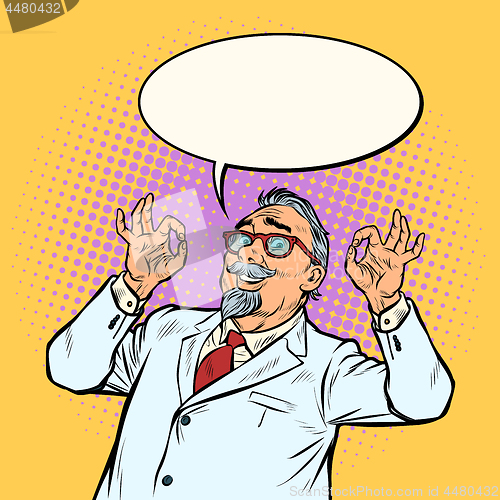 Image of elderly doctor scientist smile ok okay gesture