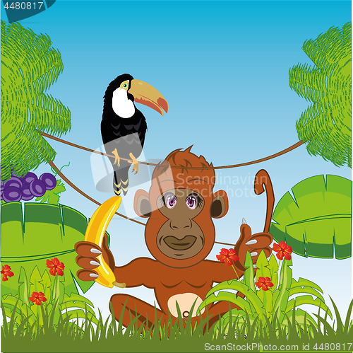 Image of Green jungle and ape with banana.Vector illustration