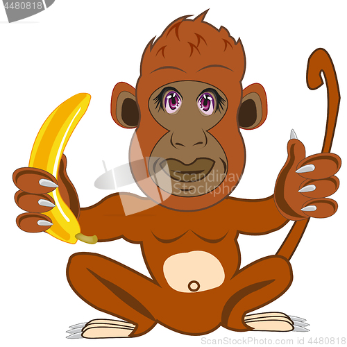 Image of Cartoon tropical animal ape with banana in paw