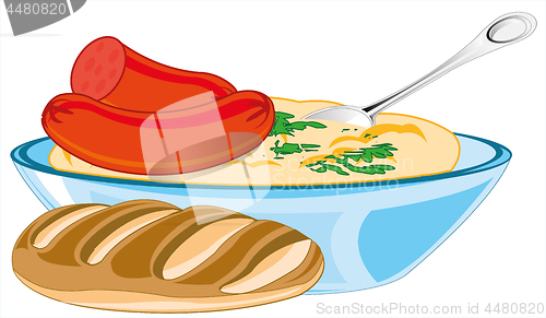 Image of Mashed potatoes with sausage in plate and bread