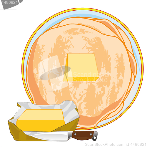 Image of Pancakes on plate and cream butter.Vector illustration