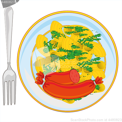 Image of Plate with noodle and sausage on white background