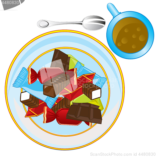 Image of Vector illustration of the sweetmeats on plates and tea