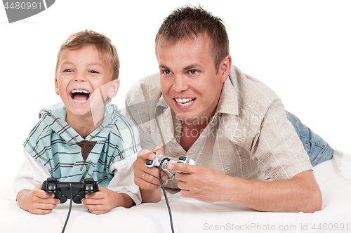 Image of Dad and son playing with Joystick