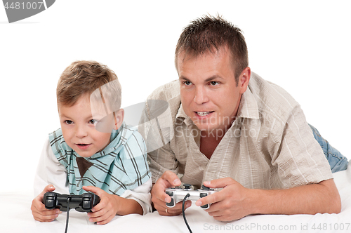 Image of Dad and son playing with Joystick