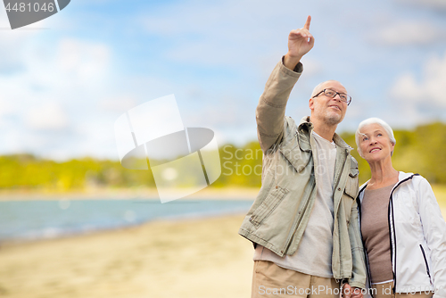 Image of happy senior couple over beach background