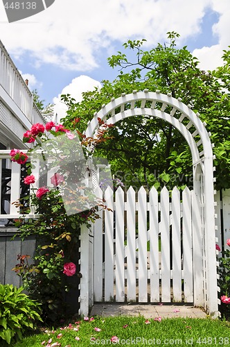 Image of White arbor in a garden