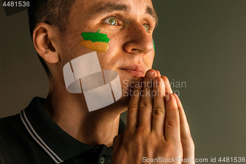 Image of Portrait of a man with the flag of the Brazil painted on him face.