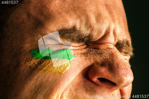 Image of Portrait of a man with the flag of the Brazil painted on him face.