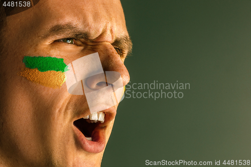 Image of Portrait of a man with the flag of the Brazil painted on him face.