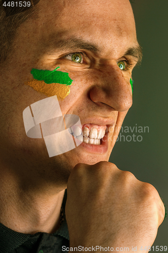 Image of Portrait of a man with the flag of the Brazil painted on him face.