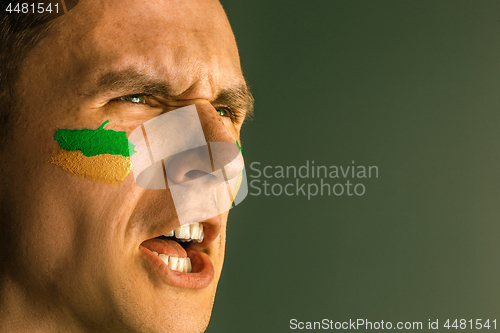 Image of Portrait of a man with the flag of the Brazil painted on him face.