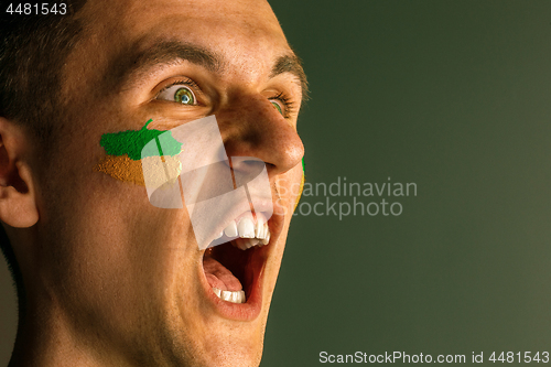 Image of Portrait of a man with the flag of the Brazil painted on him face.